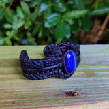 Bohemian Handcrafted Genuine Vegetal Braided Black Leather Bracelet with Blue Cat Eye Stone Setting-Unisex Gift Fashion Jewelry Wristband