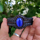Bohemian Handcrafted Genuine Vegetal Braided Black Leather Bracelet with Blue Cat Eye Stone Setting-Unisex Gift Fashion Jewelry Wristband