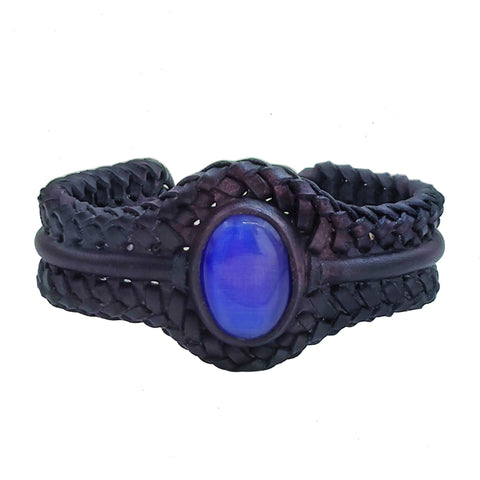 Bohemian Handcrafted Genuine Vegetal Braided Black Leather Bracelet with Blue Cat Eye Stone Setting-Unisex Gift Fashion Jewelry Wristband