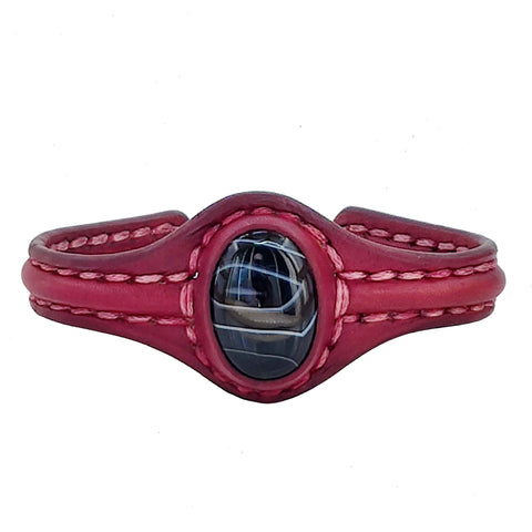 Unique Handcrafted Maroon Vegetal Leather Bracelet with Black Agate Stone Setting-Unique Gift Fashion Jewelry Cuff-Wristband
