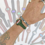 Bohemian Handcrafted Abstract Green Genuine Vegetal Leather Bracelet with Red Agate Stone Setting-Unisex Gift Fashion Jewelry Cuff Wristband