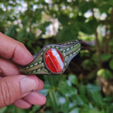 Bohemian Handcrafted Abstract Green Genuine Vegetal Leather Bracelet with Red Agate Stone Setting-Unisex Gift Fashion Jewelry Cuff Wristband