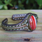 Bohemian Handcrafted Abstract Green Genuine Vegetal Leather Bracelet with Red Agate Stone Setting-Unisex Gift Fashion Jewelry Cuff Wristband