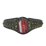 Bohemian Handcrafted Abstract Green Genuine Vegetal Leather Bracelet with Red Agate Stone Setting-Unisex Gift Fashion Jewelry Cuff Wristband
