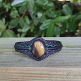 Bohemian Handcrafted Vegetal Black Leather Bracelet with Tiger Eye Stone -Unisex Gift Fashion Jewelry with Natural Stone Cuff