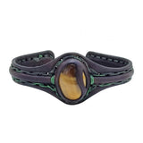 Bohemian Handcrafted Vegetal Black Leather Bracelet with Tiger Eye Stone -Unisex Gift Fashion Jewelry with Natural Stone Cuff