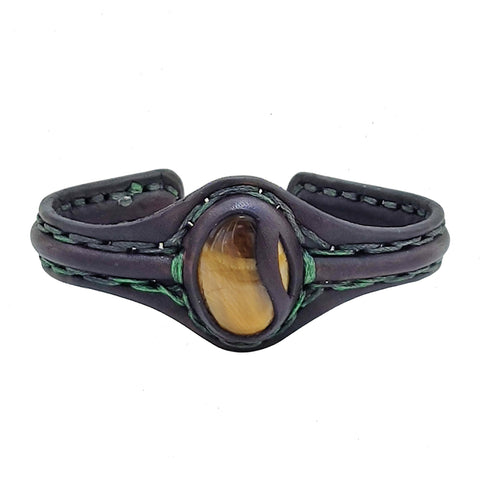 Bohemian Handcrafted Vegetal Black Leather Bracelet with Tiger Eye Stone -Unisex Gift Fashion Jewelry with Natural Stone Cuff