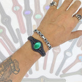 Bohemian Handcrafted Black Vegetal Leather Bracelet with Malachite Stone Setting-Unique Gift Fashion Jewelry Cuff-Wristband