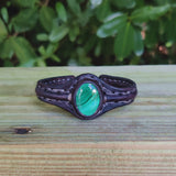 Bohemian Handcrafted Black Vegetal Leather Bracelet with Malachite Stone Setting-Unique Gift Fashion Jewelry Cuff-Wristband