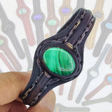 Bohemian Handcrafted Black Vegetal Leather Bracelet with Malachite Stone Setting-Unique Gift Fashion Jewelry Cuff-Wristband