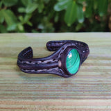 Bohemian Handcrafted Black Vegetal Leather Bracelet with Malachite Stone Setting-Unique Gift Fashion Jewelry Cuff-Wristband