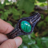 Bohemian Handcrafted Black Vegetal Leather Bracelet with Malachite Stone Setting-Unique Gift Fashion Jewelry Cuff-Wristband
