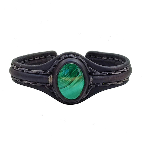 Bohemian Handcrafted Black Vegetal Leather Bracelet with Malachite Stone Setting-Unique Gift Fashion Jewelry Cuff-Wristband