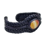 Handcrafted Genuine Vegetal Black Braided Leather Bracelet with Amber Agate Stone Setting-Unisex Gift Fashion Jewelry Cuff Wristband