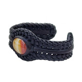 Handcrafted Genuine Vegetal Black Braided Leather Bracelet with Amber Agate Stone Setting-Unisex Gift Fashion Jewelry Cuff Wristband