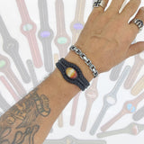 Handcrafted Genuine Vegetal Black Braided Leather Bracelet with Amber Agate Stone Setting-Unisex Gift Fashion Jewelry Cuff Wristband