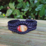 Handcrafted Genuine Vegetal Black Braided Leather Bracelet with Amber Agate Stone Setting-Unisex Gift Fashion Jewelry Cuff Wristband