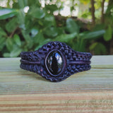 Unique Handcrafted Vegetal Black Braided Leather Bracelet with Black Agate Stone Setting-Unique Gift Fashion Jewelry Cuff-Wristband