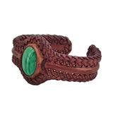 Bohemian Handcrafted Vegetal Brown Braided Leather Bracelet with Malachite Stone Setting-Unique Gift Fashion Jewelry Cuff-Wristband