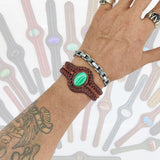 Bohemian Handcrafted Vegetal Brown Braided Leather Bracelet with Malachite Stone Setting-Unique Gift Fashion Jewelry Cuff-Wristband