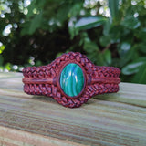Bohemian Handcrafted Vegetal Brown Braided Leather Bracelet with Malachite Stone Setting-Unique Gift Fashion Jewelry Cuff-Wristband