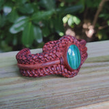 Bohemian Handcrafted Vegetal Brown Braided Leather Bracelet with Malachite Stone Setting-Unique Gift Fashion Jewelry Cuff-Wristband