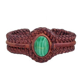 Bohemian Handcrafted Vegetal Brown Braided Leather Bracelet with Malachite Stone Setting-Unique Gift Fashion Jewelry Cuff-Wristband