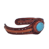 Unique Handcrafted Genuine Brown Vegetal Leather Bracelet with Firuze Stone Setting-Unisex Gift Fashion Jewelry Cuff Wristband