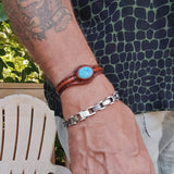 Unique Handcrafted Genuine Brown Vegetal Leather Bracelet with Firuze Stone Setting-Unisex Gift Fashion Jewelry Cuff Wristband