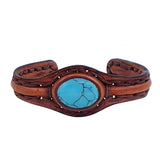 Unique Handcrafted Genuine Brown Vegetal Leather Bracelet with Firuze Stone Setting-Unisex Gift Fashion Jewelry Cuff Wristband