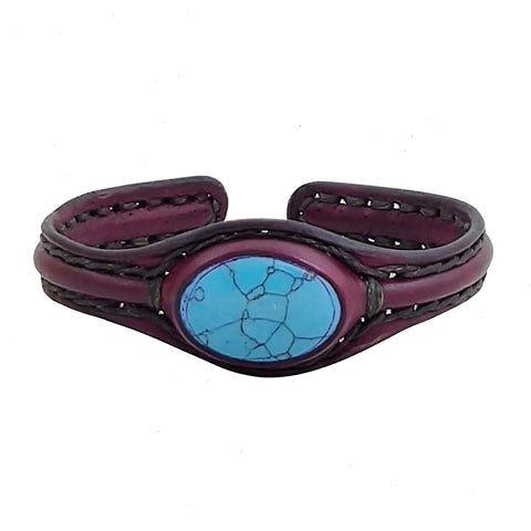 Handcrafted Genuine Maroon Vegetal Leather Bracelet with Firuze Stone-Unisex Gift Fashion Jewelry Natural Stone Cuff Wristband