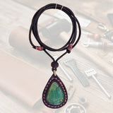 Bohemian Unique  Handcrafted Vegetal Brown Leather Necklace with Green Agate Stone-Lifestyle Unique Gift Unisex Fashion Leather Jewelry