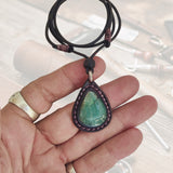 Bohemian Unique  Handcrafted Vegetal Brown Leather Necklace with Green Agate Stone-Lifestyle Unique Gift Unisex Fashion Leather Jewelry
