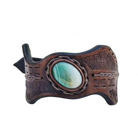 Unique Handcrafted Brown Vegetal Leather Cuff with Green and White Agate Stone-Unisex Gift Fashion Jewelry with Naturel Stone Cuff