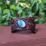 Unique Handcrafted Brown Vegetal Leather Cuff with Green and White Agate Stone-Unisex Gift Fashion Jewelry with Naturel Stone Cuff