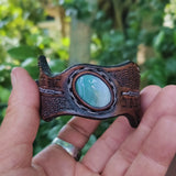 Unique Handcrafted Brown Vegetal Leather Cuff with Green and White Agate Stone-Unisex Gift Fashion Jewelry with Naturel Stone Cuff