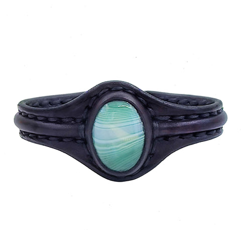 Unique Handcrafted Vegetal Black Leather Bracelet with Green Agate Stone-Unisex Gift Fashion Jewelry with Naturel Stone Cuff