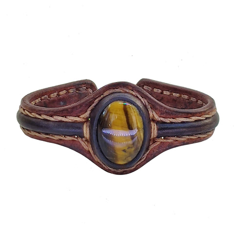 Bohemian Unique Handcrafted Vegetal Black and Brown Leather Bracelet with Tiger Eye Stone-Unisex Gift Fashion Jewelry Wristband Cuff