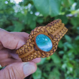 Unique Handcrafted Vegetal Braided Tan Color Leather Bracelet with Green Agate Stone-Unisex Gift Fashion Jewelry with Naturel Stone Cuff