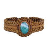 Unique Handcrafted Vegetal Braided Tan Color Leather Bracelet with Green Agate Stone-Unisex Gift Fashion Jewelry with Naturel Stone Cuff