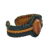 Handcrafted Genuine Vegetal Black and Brown Braided Leather Bracelet with Amber Agate Stone Setting-Unisex Gift Fashion Jewelry Wristband