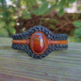 Handcrafted Genuine Vegetal Black and Brown Braided Leather Bracelet with Amber Agate Stone Setting-Unisex Gift Fashion Jewelry Wristband
