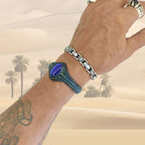 Handcrafted Genuine Blue Vegetal Leather Bracelet with Blue Cat Eye Stone Setting-Unisex Gift Fashion Jewelry Cuff-Wristband