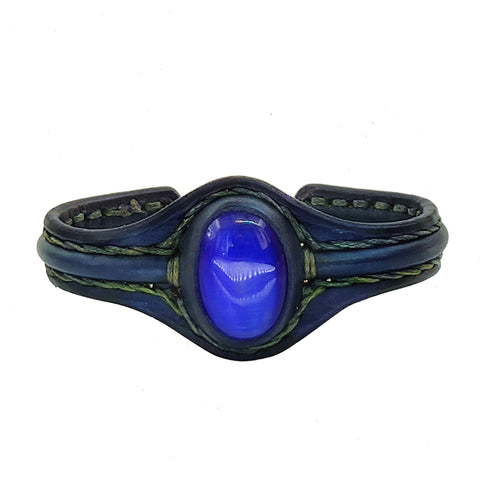 Handcrafted Genuine Blue Vegetal Leather Bracelet with Blue Cat Eye Stone Setting-Unisex Gift Fashion Jewelry Cuff-Wristband