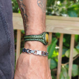 Bohemian Unique Handcrafted Vegetal Green Leather Bracelet with Tiger Eye Stone-Unisex Gift Fashion Jewelry Wristband Cuff
