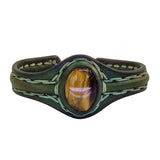Bohemian Unique Handcrafted Vegetal Green Leather Bracelet with Tiger Eye Stone-Unisex Gift Fashion Jewelry Wristband Cuff
