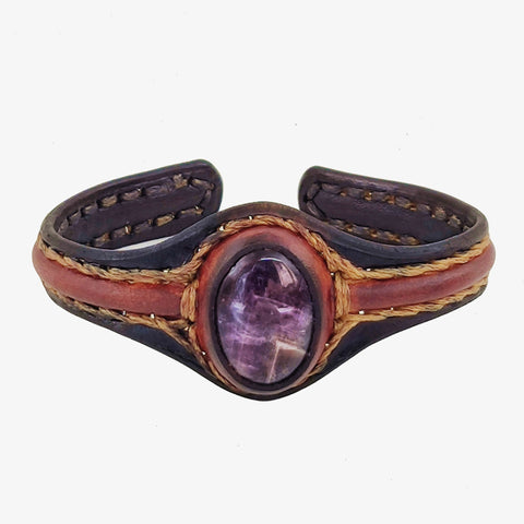 Boho Handcrafted Genuine Leather Bracelet with Purple Agate Stone Setting-Life Style Unisex Gift Fashion Jewelry Bangle Cuff Wristband