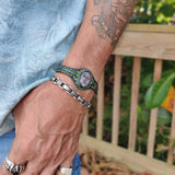 Unique Handcrafted Green Leather Bracelet with Purple Agate Stone Setting-Life Style Unisex Gift Fashion Jewelry Bangle Cuff Wristband