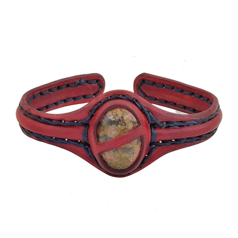Boho Handcrafted Genuine Red Leather Bracelet with Picture Stone Setting-Life Style Unisex Gift Fashion Jewelry Bangle Cuff Wristband