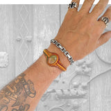 Handcrafted Genuine Yellow Leather Bracelet with Flower Green Stone Setting-Life Style Unisex Gift Fashion Jewelry Bangle Cuff Wristband